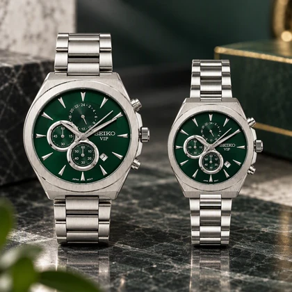 ست ساعت عروس داماد سیکو رفرنس 31696 نقره ای صفحه سبز Seiko-11465-S