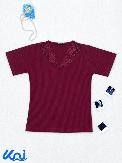 تیشرت زنانه یقه هفت گیپوری برشکا Bershka