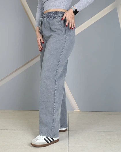 شلوار نیم بگ جین کاغذی طوسی سنگ شور زنانه قد 105 سایز 38 تا 52 Grey Stone Washed Paper Jeans کد 40030