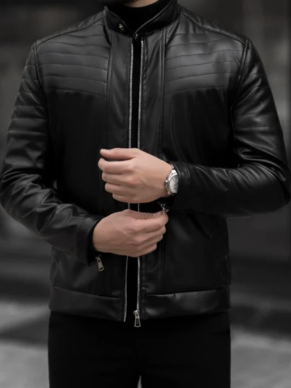 کاپشن چرم مشکی کلاسیک کارلوتی کد j116