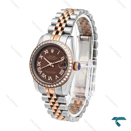 ساعت Rolex زنانه دورنگ رزگلد صفحه قهوه ای ایندکس یونانی دورنگین Rolex-6299-L