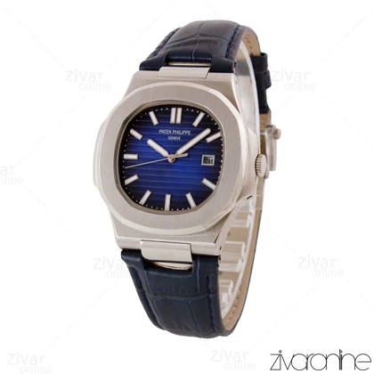 ساعت پتک فیلیپ ناتیلوس مردانه صفحه سرمه ای بند چرم 105002