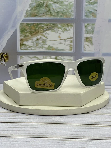 عینک آفتابی پرسول PO9298 فریم سفید عدسی شیشه‌ای سبز UV400 پلاریزه