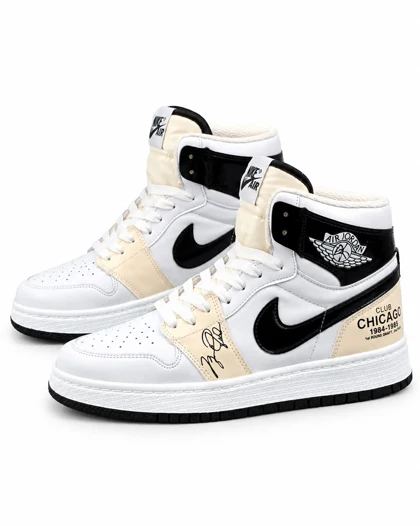 کفش کتانی مردانه مدل جردن وان ساق‌دار سفید کرم مشکی ورنی Nike jordan1