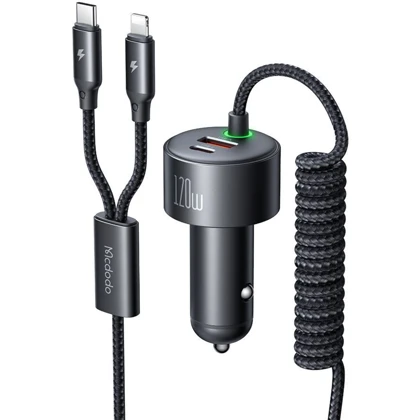 شارژر فندکی فست شارژ ماشین تایپ سی، لایتنینگ و یو اس بی 120 وات مک دودو CC-037