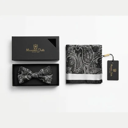 ست پاپیون و پوشت طرح فلورال مشکی نقره ای برند Massimo Dutti