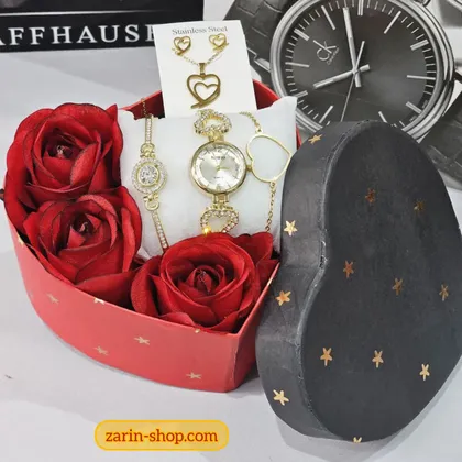 باکس گل هدیه ساعت و سرویس زنانه نگینی