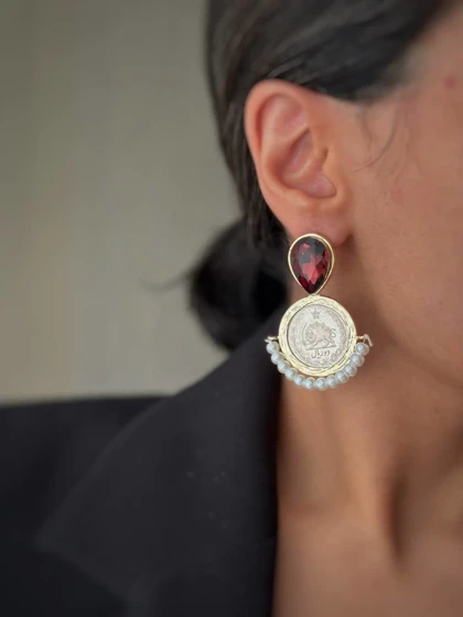 گوشواره سکه ای با نگین اشک و مروارید