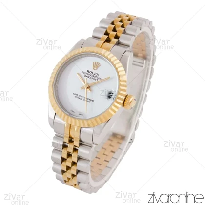 ساعت رولکس دیت جاست زنانه دورنگ طلایی صفحه سفید مهندسی 103863