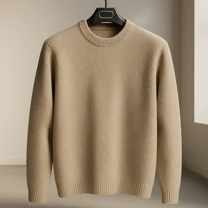 پلیور بافت یقه گرد کرمی فری سایز مناسب سایزهای L تا 2XL