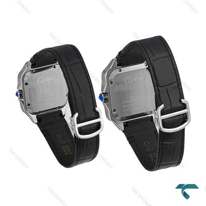 ساعت ست کارتیه Santos De Cartier سیلور بند چرم مشکی Cartier-7305-S