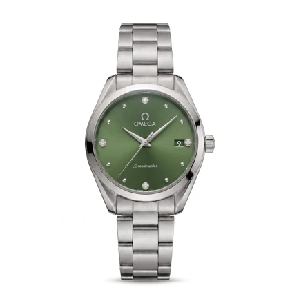 ساعت مچی زنانه امگا SPEEDMASTER مدل OMEGA-5963 نگین‌دار صفحه سبز یشمی بند استیل نقره‌ای