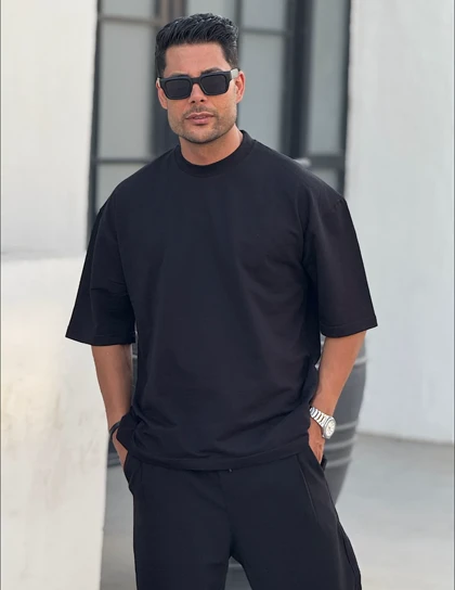 تیشرت لش بیسیک مشکی مردانه پارچه ماکان پنبه گرم بالا