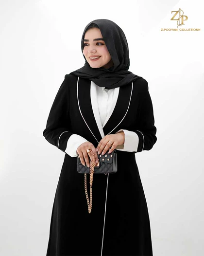 مانتو زنانه بلند مشکی جلوبسته کرپ هاندس