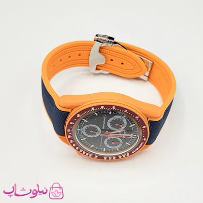 ساعت امگا سواچ moonswatch با بند رابر زنانه مردانه رنگ سرمه ای نارنجی کیفیت مستر کد 3750