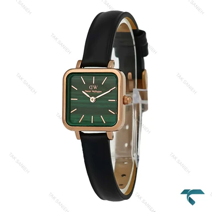ساعت DW زنانه مربعی رزگلد بند چرم صفحه سبز طرح دار DW-8024-L