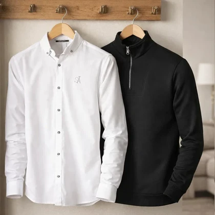 پکیج دورس مردانه نیم زیپ مدل Behbod-مشکی + پیراهن مردانه سفید مدل VQ