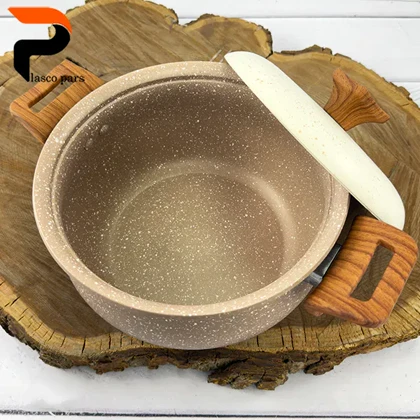 قابلمه 16 دسته چوبی گرانیتی نسکافه ای کرم هاناتک