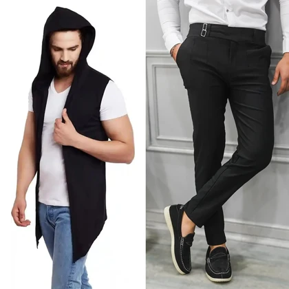 پکیج شنل کلاه دار مردانه+شلوار مشکی دو سگک مردانه مدل Migel