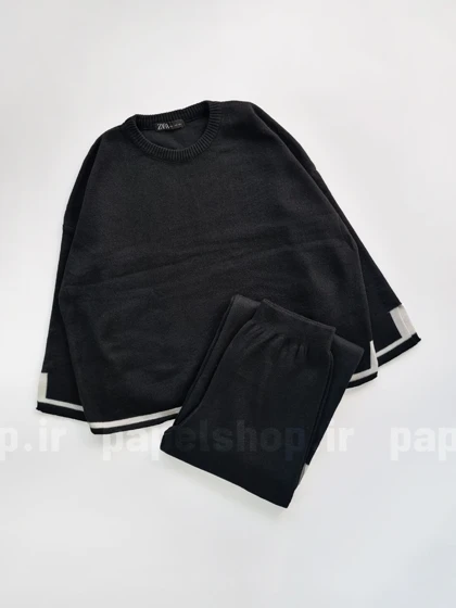 ست مشکی بافت یقه گرد و شلوار بگ طرح پایین خط