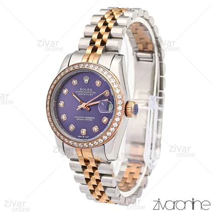 ساعت رولکس دیت جاست زنانه رزگلد نقره ای صفحه بنفش دور نگین 106303