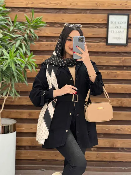 مانتو کتان آستین سگک کمردار