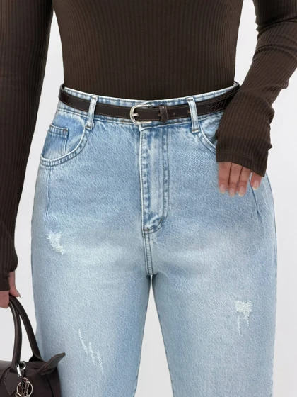 3960-شلوار مام فیت آبی متوسط