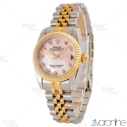 ساعت رولکس دیت جاست زنانه صفحه صورتی ایندکس نگین‌دار مدیوم 105027