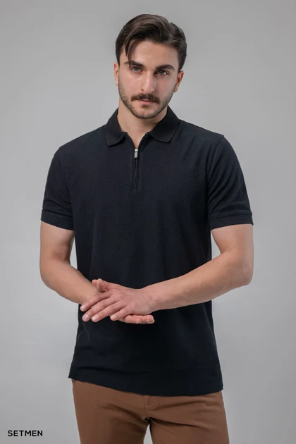 تیشرت یقه دار نیم زیپ ژاکارد اولد مانی