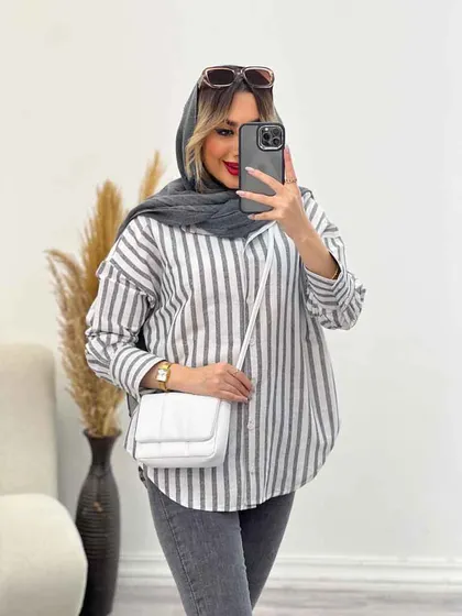 مانتو راه راه آستین سه دکمه