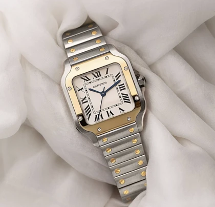 ساعت کارتیر سانتوس فلزی زنانه دورنگ طلایی صفحه سفید Cartier Santos metal