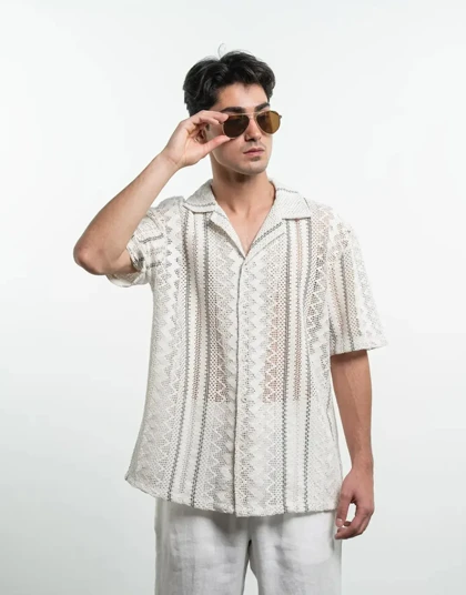 آستین کوتاه مکرومه راه راه