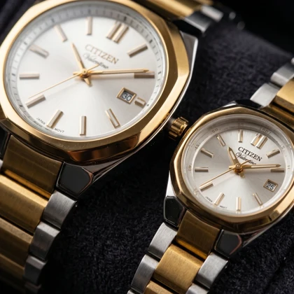 ست ساعت مچی سیتیزن VALENTINO VALEENTINO بند استیل دو رنگ طلایی صفحه سفید صدفی مدل CITIZ