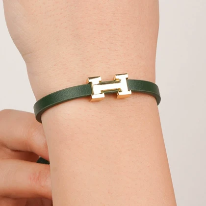 دستبند چرم استیل Hermes رنگ سبز
