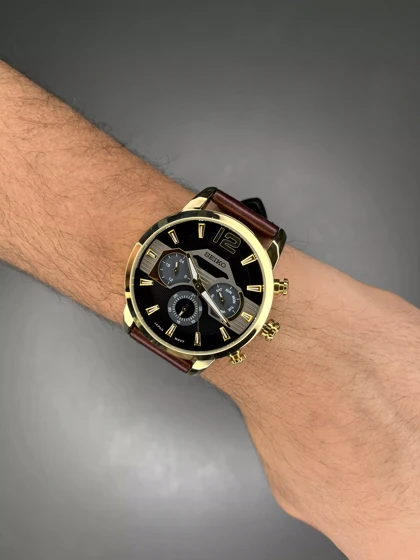 ساعت مچی سیکو فول دیت چرمی قهوه ای صفحه مشکی seiko