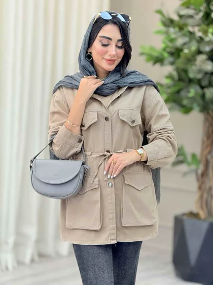 مانتو کتان کمرگت جیب پاکتی