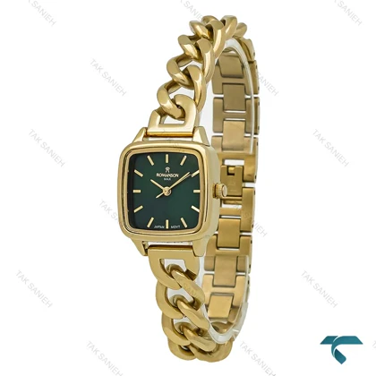 ساعت زنانه رومانسون مربعی بند کارتیه ای طلایی صفحه سبز Romanson-7291-L