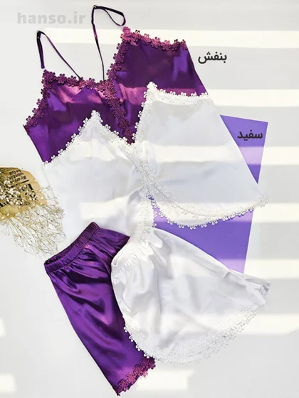 لباس خواب ساتن زنانه ست تاپ و شلوارک لوندر Lavender