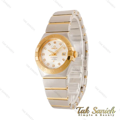 ساعت امگا کانسلیشن زنانه دورنگ طلایی تقویم دار صفحه نقره ای نگین Omega-4468-L