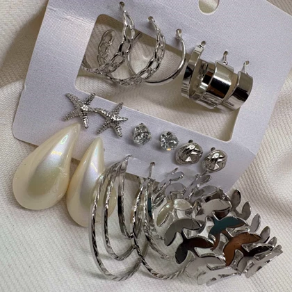 پک 9 عددی گوشواره استیل مدل «ورایتی» (Variety Pack) | شامل حلقه‌ای، مرواریدی و طرح دریایی