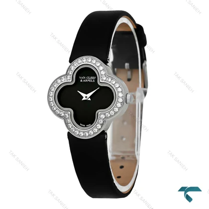 ساعت ون کلیف Alhambra زنانه سیلور بند چرم مشکی دورنگین VanCleef-7984-L