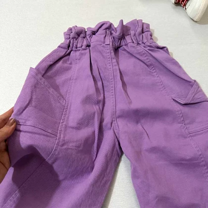 شلوار کتان بگ پایین بنددار دخترانه بنفش و مشکی