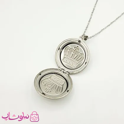 گردنبند لاکت دایره طرح تاج نقره ای