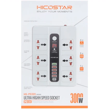 چندراهی برق شش سوکت 3000 وات، یک تایپ سی و پنج USB هایکو استار Hicostar HS-PS320