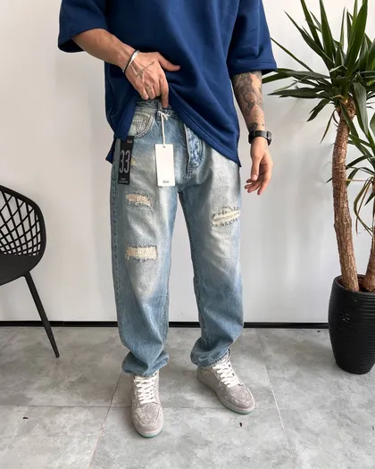 شلوار نیم بگ آبی یخی زاپ‌دار BERSHKA