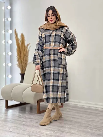 پیراهن بلند چهارخونه آستین پیله