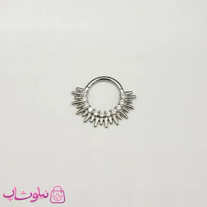 پیرسینگ دیث گوش یا سپتوم بینی مدل خورشید نقره ای رنگ فول استیل نگین‌دار کد 369