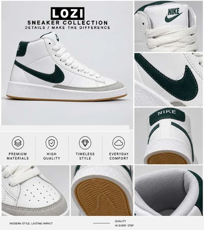 کفش کتانی ساق‌دار مردانه و زنانه سفید سبز Nike Blazer Low 77 مدل 5670