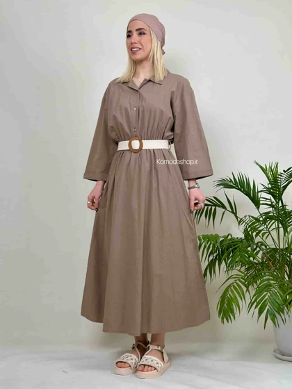 پیراهن لینن بلند زنانه کمربندار