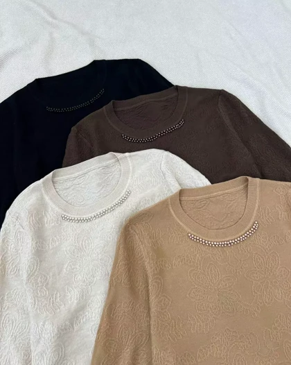 بلوز بافت آستین سه ربع یقه مروارید کد 5291